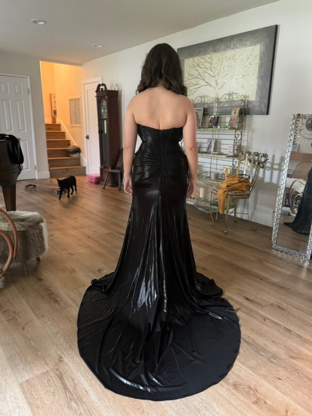 Sherri Hill Metallic Black Strapless Gown/long train Sz 8 - Picture 3 of 7